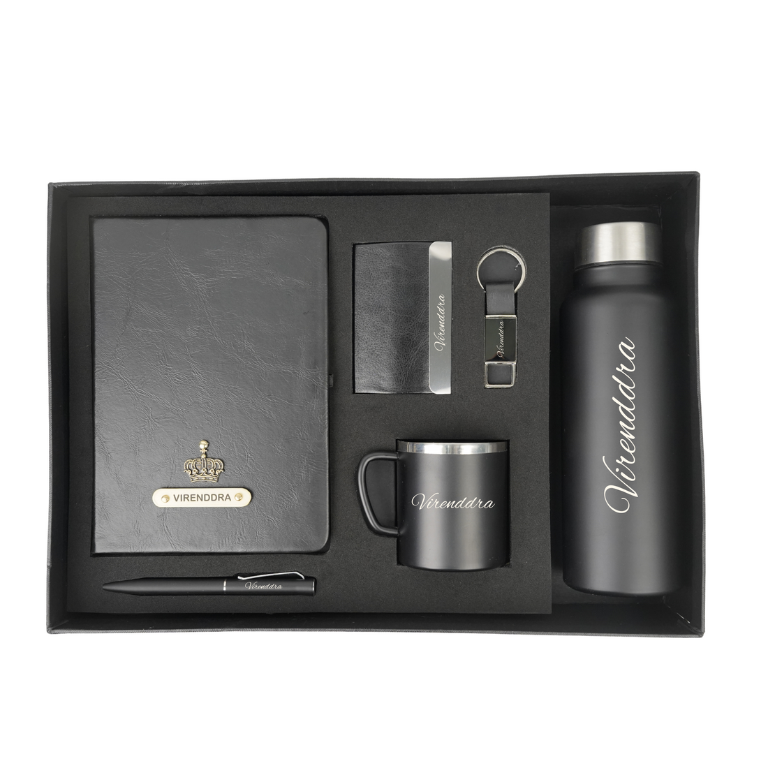 Classy Hardcover Diary + Classic Metal Pen + Classy Leather Metal Keychain + Classy Card Holder + Classic Smart Bottle  + Stainless Steel Mug - Black