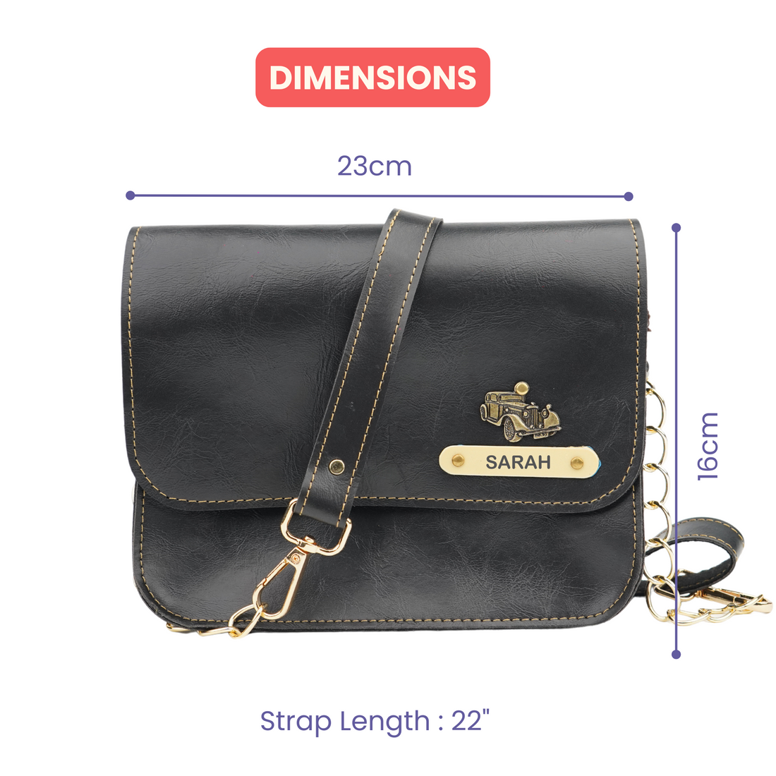 Personalized Nexon Leather Chained Sling Bag - Black