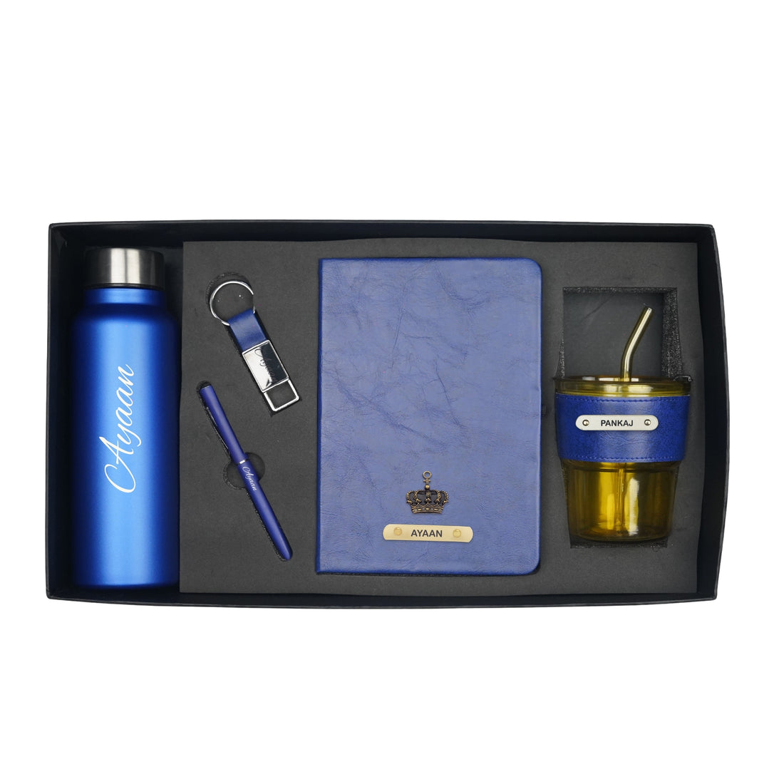 Classy Hardcover Diary + Classic Metal Pen + Classy Leather Metal Keychain + Classic Smart Bottle  +  Leather Sleeve Coffee Tumbler -Blue