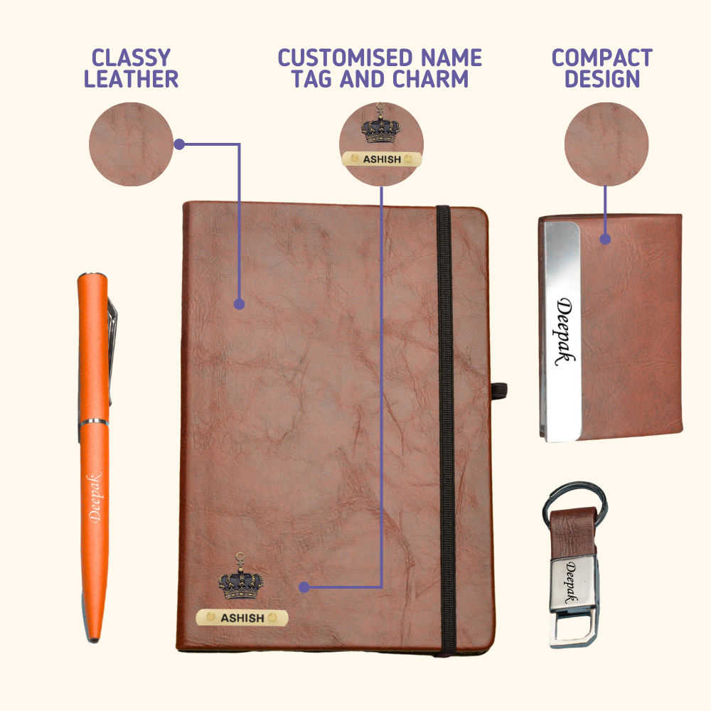 "Elevate your professional image with our sophisticated corporate set. Our elegant diary, smooth pen, sleek keychain, and stylish card holder will give you a polished and professional look."
