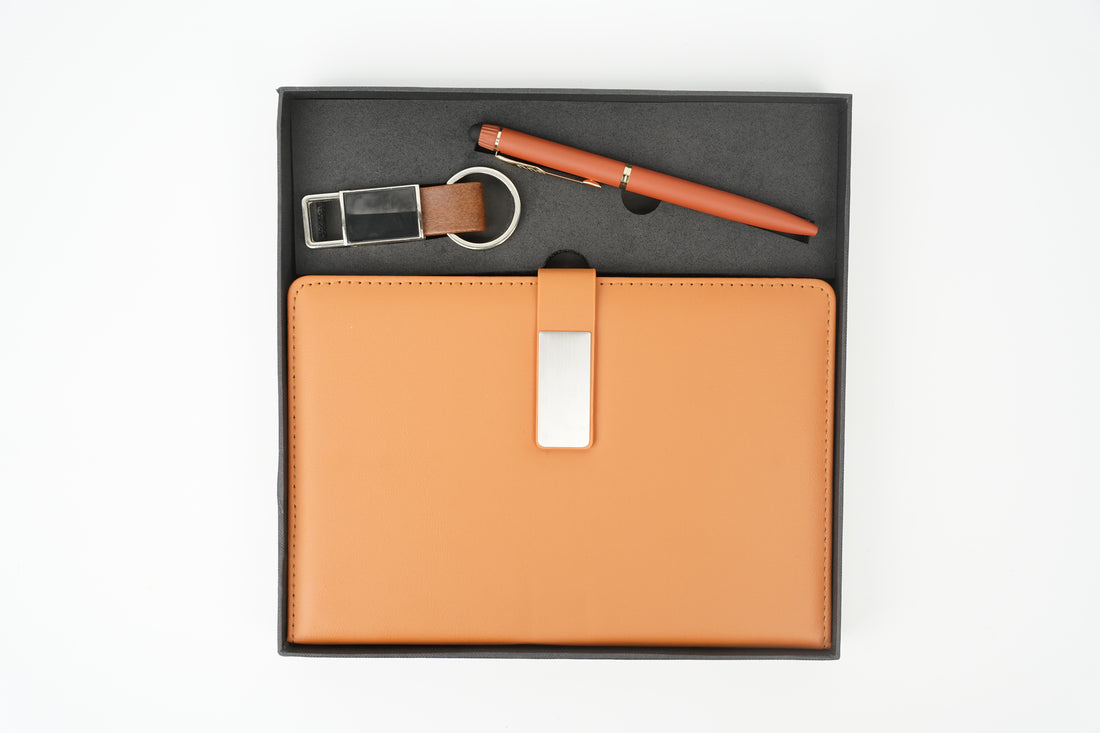 Classy Metal Flip Diary + Classic Nexon Pen + Classy Leather Metal Keychain- TAN