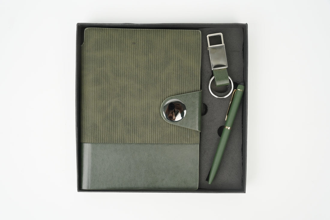 Nexon Flip Diary + Classic Nexon Pen + Classy Leather Metal Keychain- GREEN