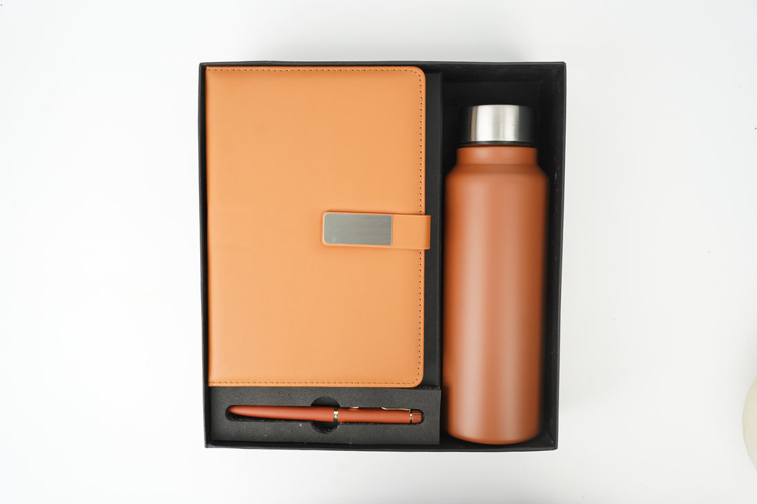 Metal Flip Diary+ Classic Metal Pen+ Classic Stainless Steel Bottle -Tan