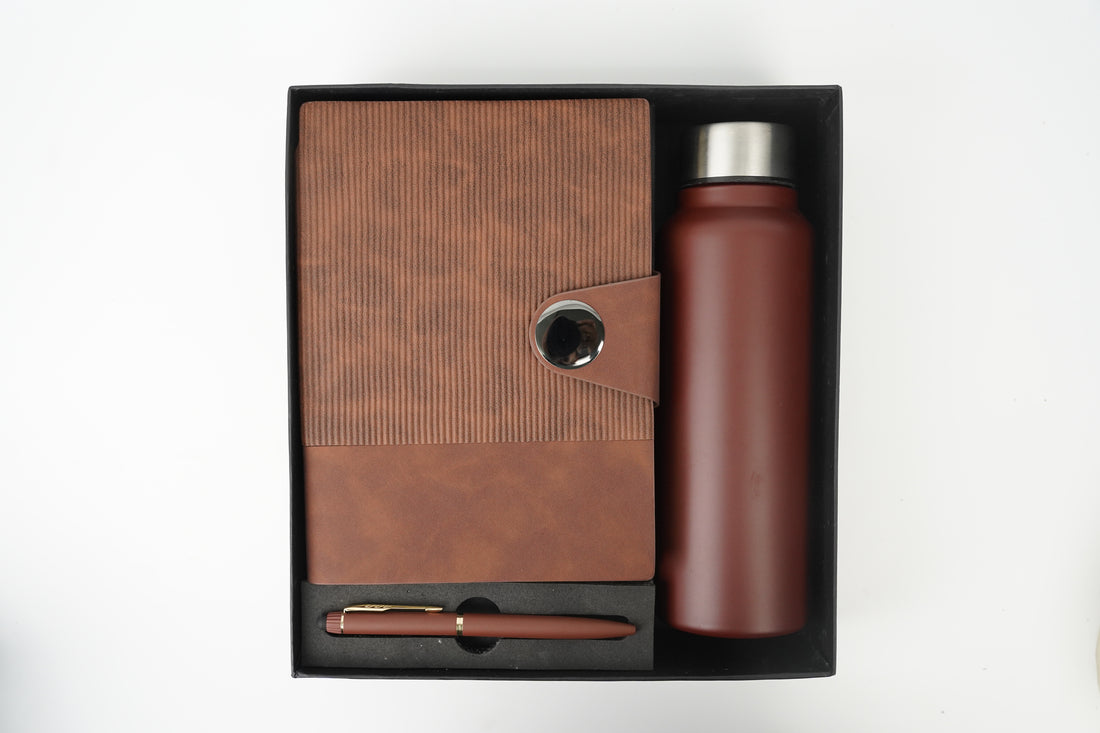 Nexon Metal Diary+ Classic Metal Pen+ Classic Stainless Steel Bottle -Brown