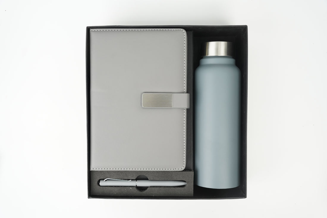 Metal Flip Diary+ Classic Metal Pen+ Classic Stainless Steel Bottle -Grey
