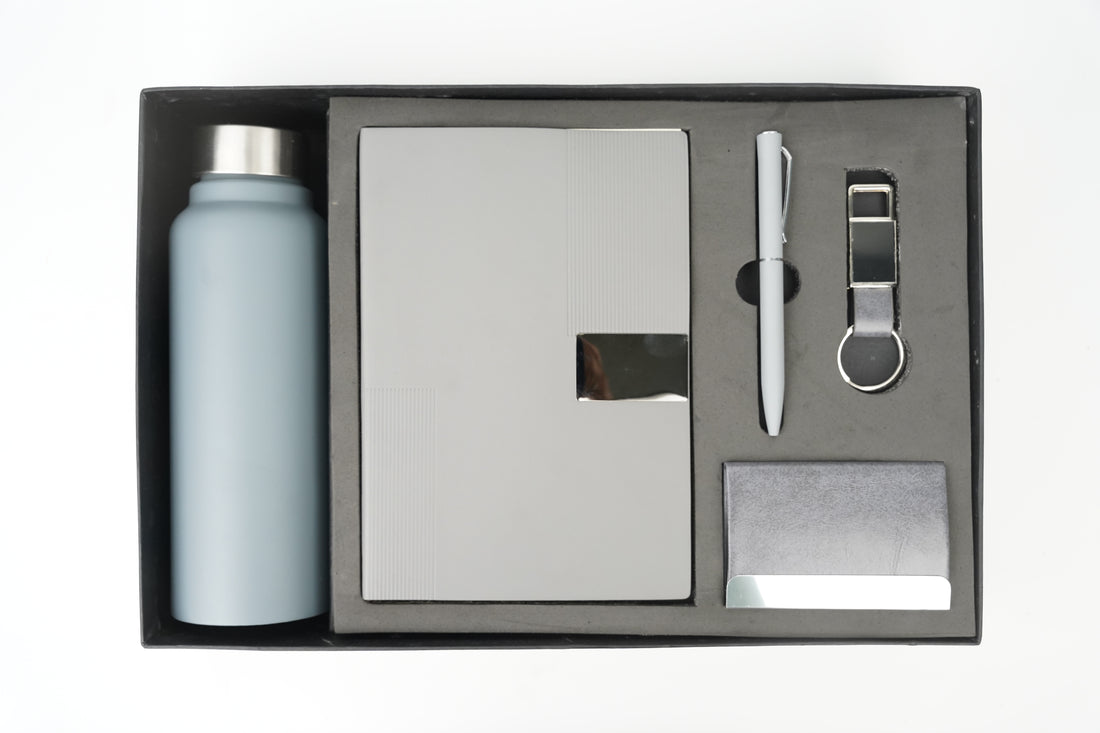 Nexon Diary + Classic Metal Pen + Classy Leather Metal Keychain +Classy Card Holder + Classic Smart Bottle - GREY