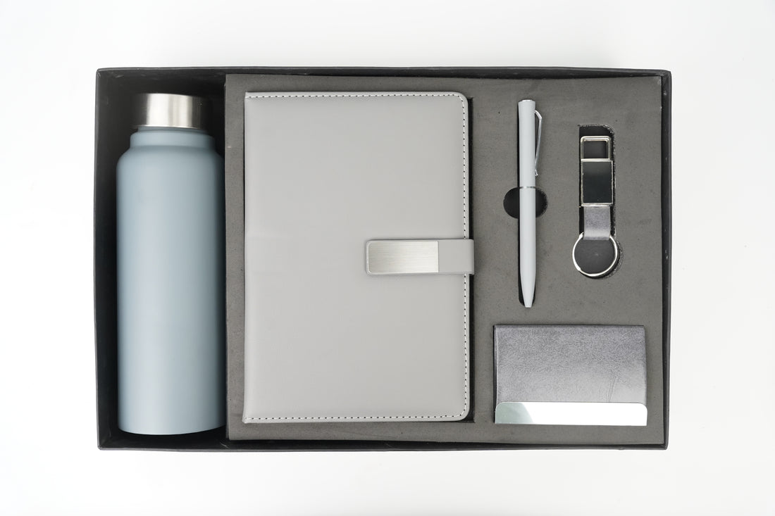 Classy Metal Flip Diary + Nexon Metal Pen + Classy Leather Metal Keychain +Classy Card Holder + Classic Smart Bottle - GREY