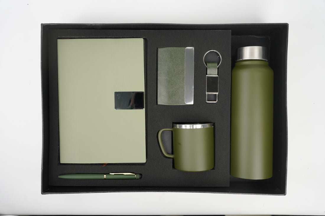 Nexon  Diary + Nexon Metal Pen + Classy Leather Metal Keychain + Classy Metal Card Holder + Classic Smart Bottle  + Stainless Steel Mug - GREEN