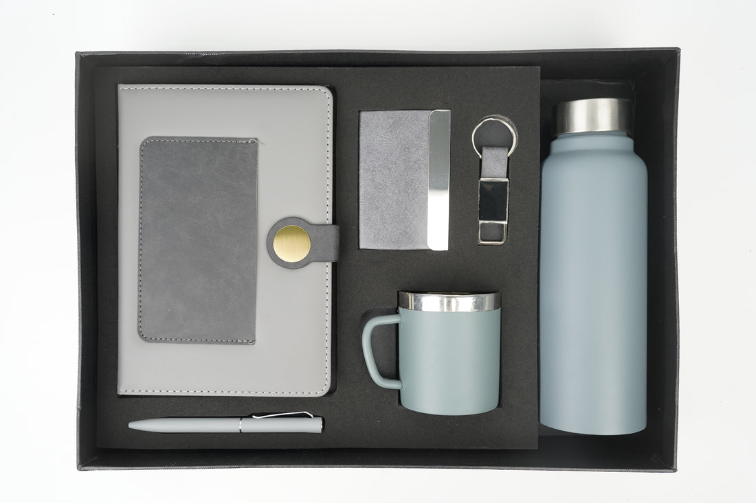 Dual Shade Diary + Classic Metal Pen + Classy Leather Metal Keychain + Classy Card Holder + Classic Smart Bottle  + Stainless Steel Mug - GREY