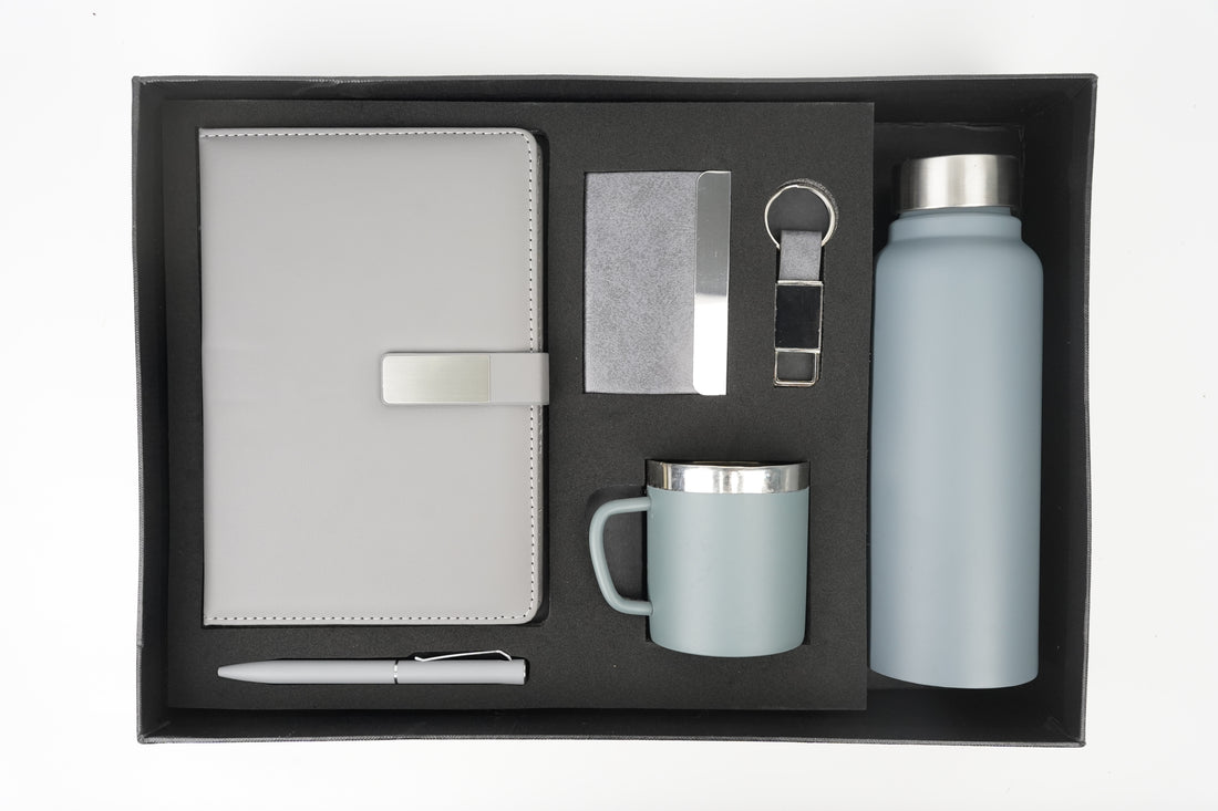 Classy Metal Flip Diary + Classic Metal Pen + Classy Leather Metal Keychain + Classy Card Holder + Classic Smart Bottle  + Stainless Steel Mug - GREY