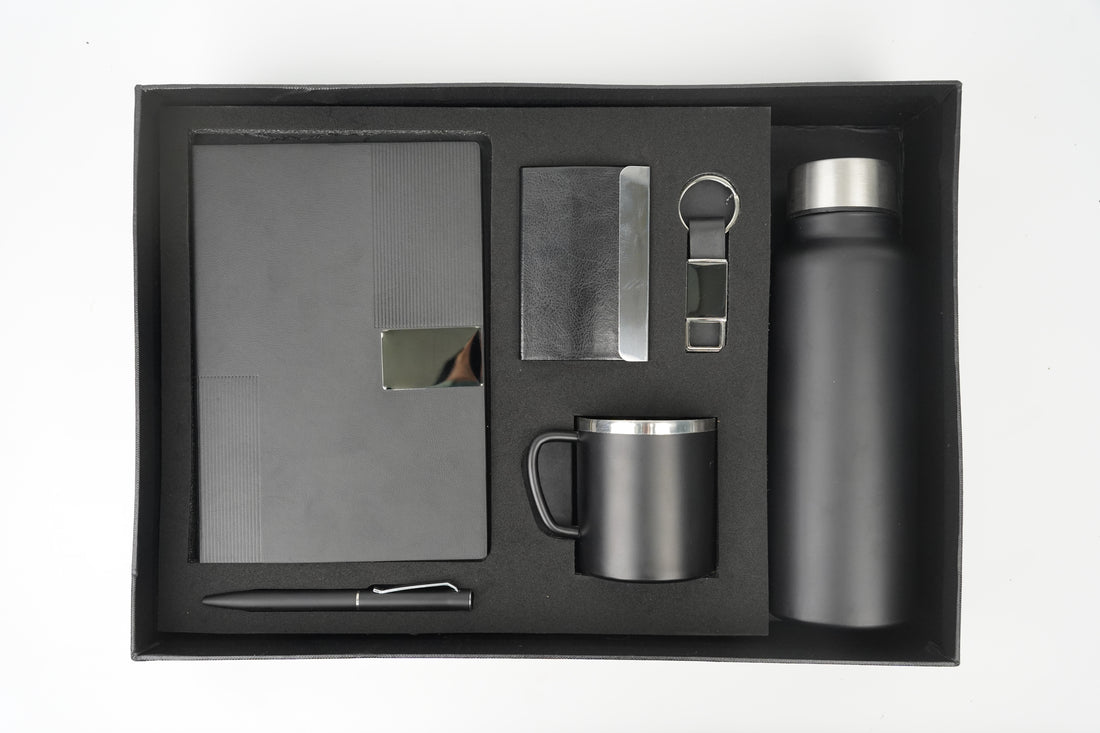 Nexon  Diary + Nexon Metal Pen + Classy Leather Metal Keychain + Classy Metal Card Holder + Classic Smart Bottle  + Stainless Steel Mug - BLACK
