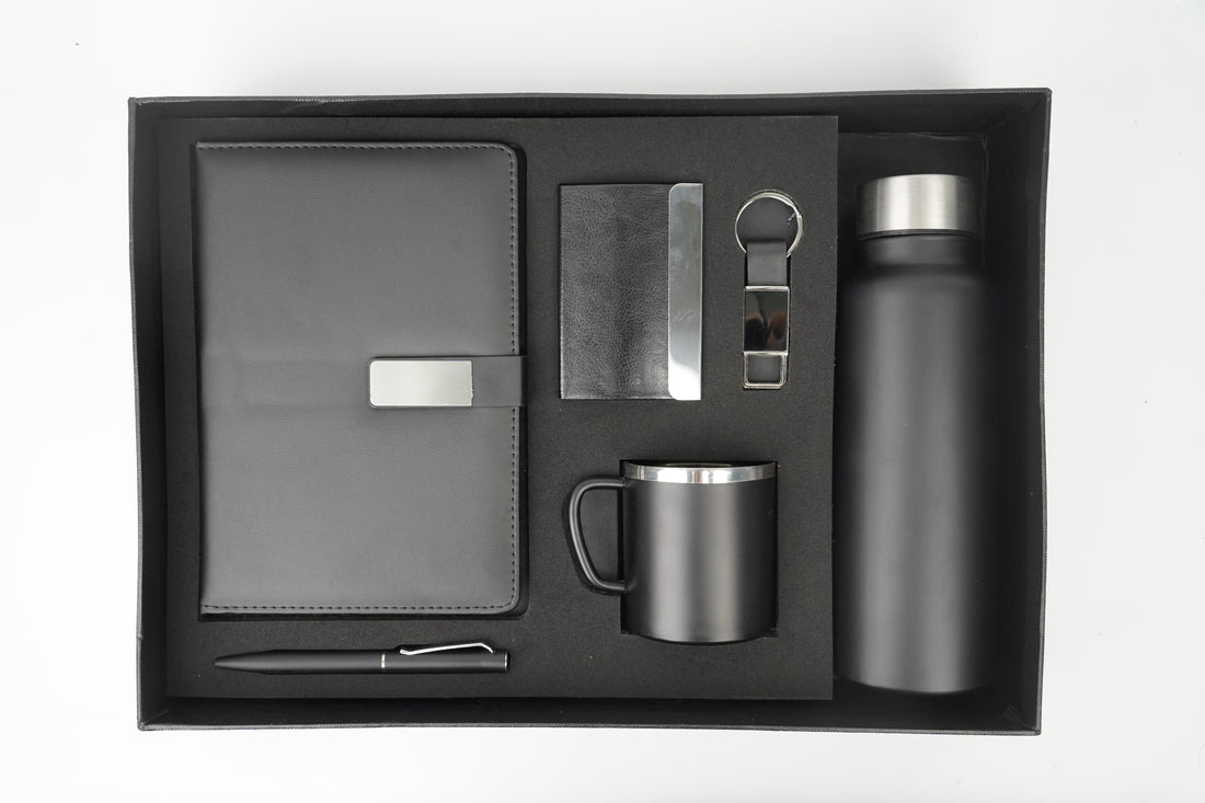 Classy Metal Flip Diary + Classic Metal Pen + Classy Leather Metal Keychain + Classy Card Holder + Classic Smart Bottle  + Stainless Steel Mug - BLACK