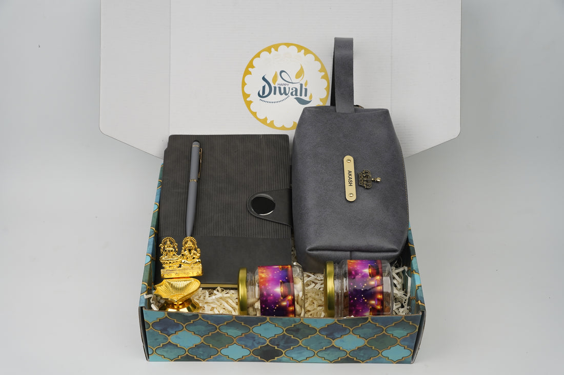 "Personalized Diwali Gift Hamper 10.0-GREY✨ Nexon Gift Hamper – Flip Diary, Pen, Pouch, Laxmi Ganesh Metal Diya, Almond & Kaju Jars, Designer Box | Festive & Corporate Gifting 🎁