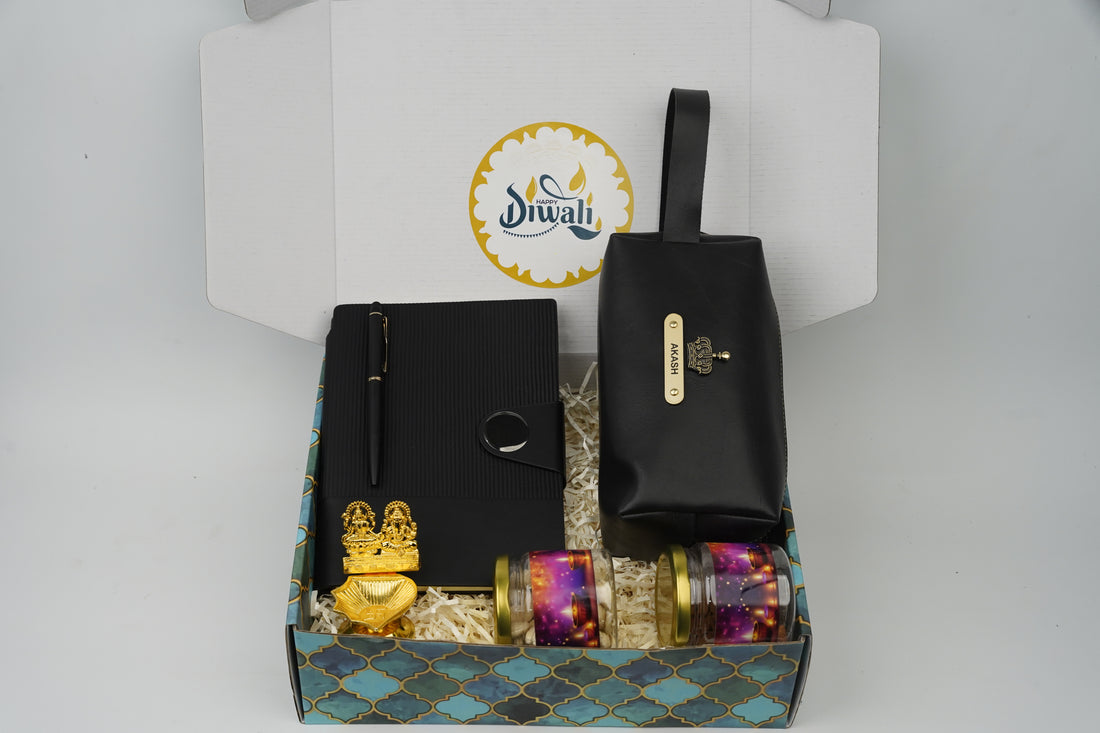 "Personalized Diwali Gift Hamper 10.0-BLACK✨ Nexon Gift Hamper – Flip Diary, Pen, Pouch, Laxmi Ganesh Metal Diya, Almond & Kaju Jars, Designer Box | Festive & Corporate Gifting 🎁