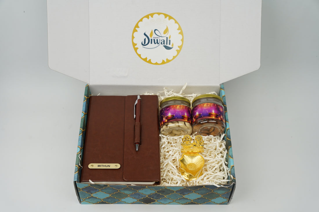 "Personalized Diwali Gift Hamper 1.0-BROWN✨ Diary with Pen, Almond & Kaju Jars, Laxmi Ganesh Diya, Designer Box | Customizable Gift Hamper for Festive & Corporate Gifting 🎁