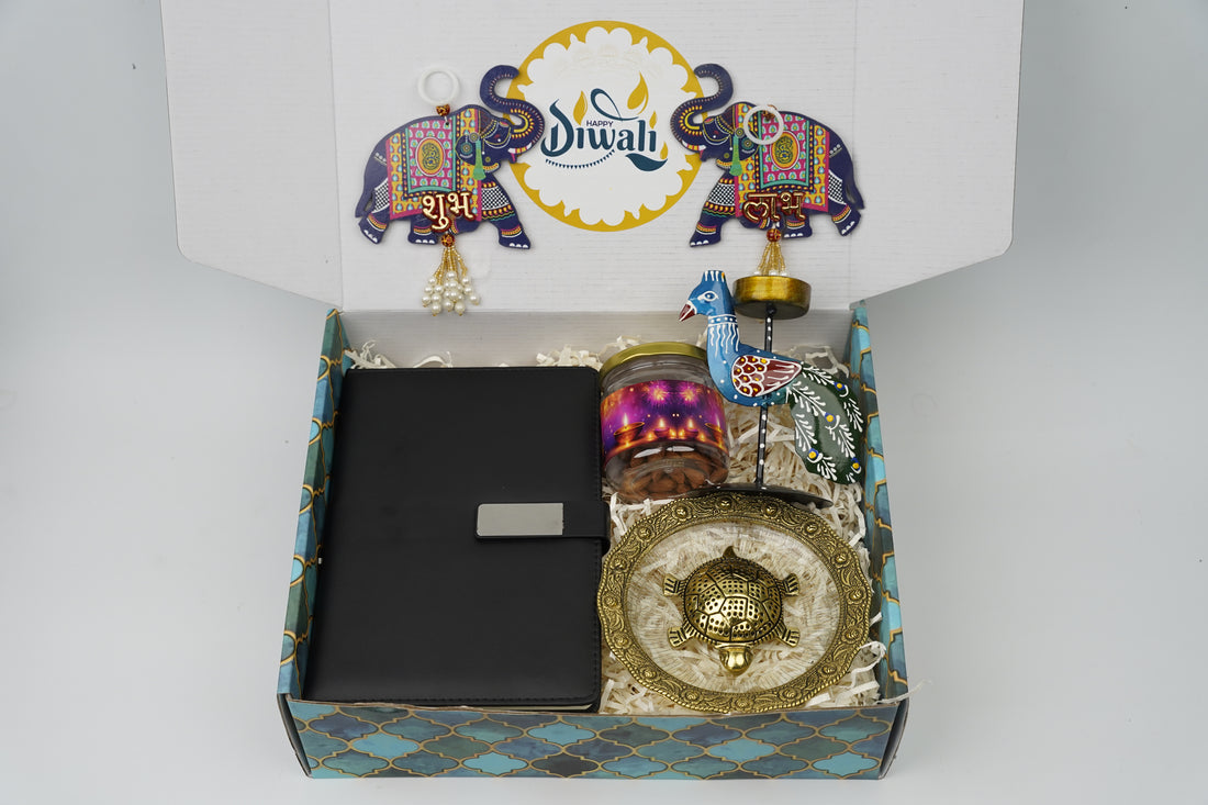 "Personalized Diwali Gift Hamper 4.0-BLACK✨ Metal Flip Diary, Kacchua with Glass Plate Lucky Charm, Peacock Tea Light Candle, Shubh Labh Latkan, Almond Jar & Designer Box | Festive Gift Hamper 🎁