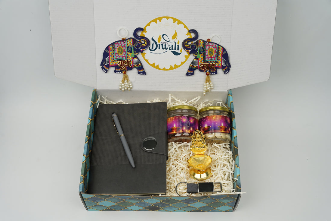 "Personalized Diwali Gift Hamper 3.0-GREY✨ Nexon Flip Diary, Brass Pen, Metal Keychain, Laxmi Ji Diya, Shubh Labh Latkan, Kaju & Almond Jars, Designer Box | Festive & Corporate Gift Hamper 🎁