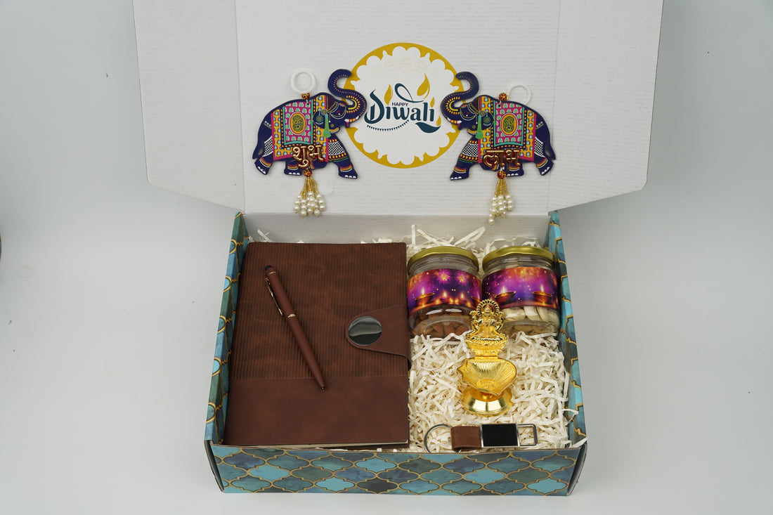 "Personalized Diwali Gift Hamper 3.0-BROWN✨ Nexon Flip Diary, Brass Pen, Metal Keychain, Laxmi Ji Diya, Shubh Labh Latkan, Kaju & Almond Jars, Designer Box | Festive & Corporate Gift Hamper 🎁