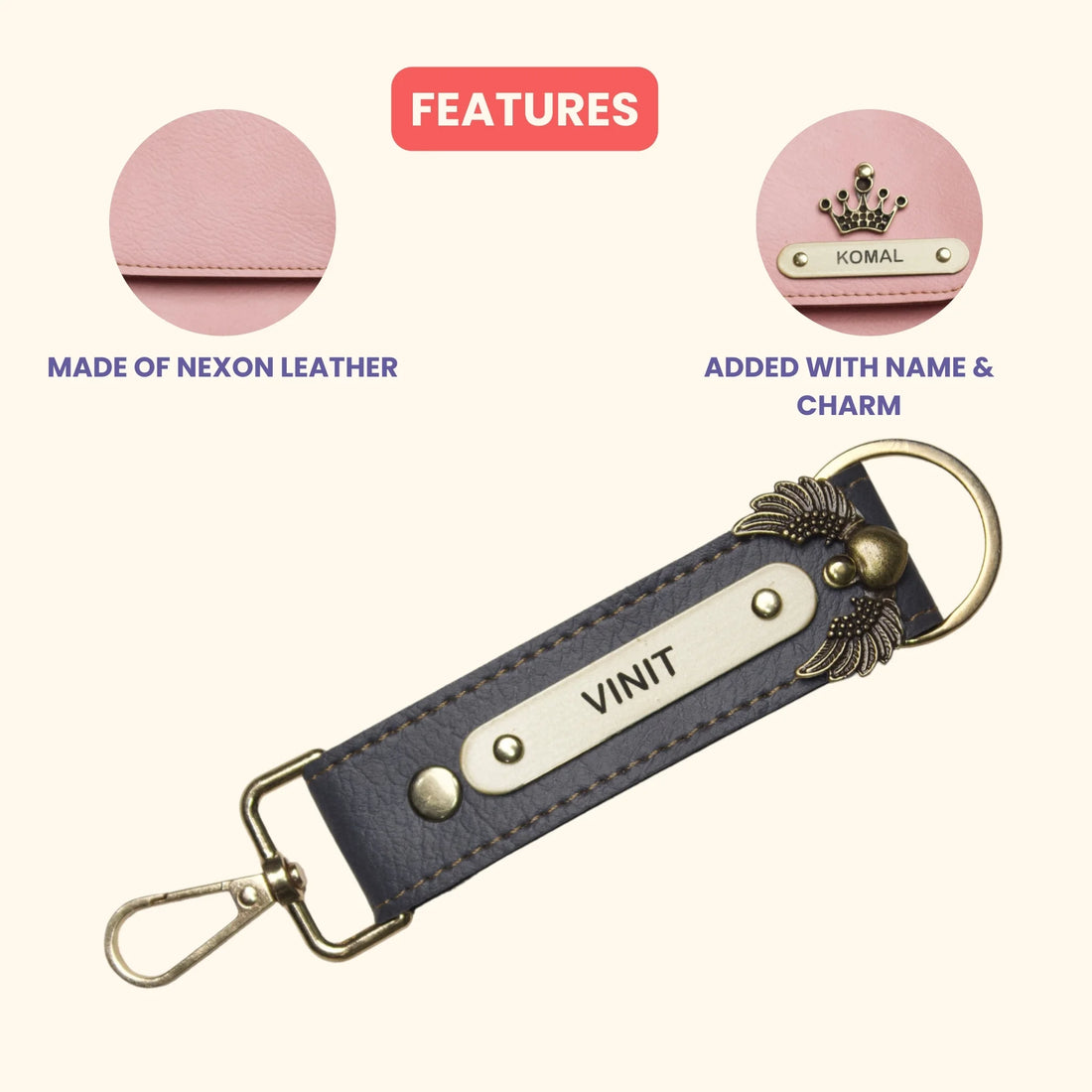 Personalized Nexon Leather Keychain with Hook - Grey