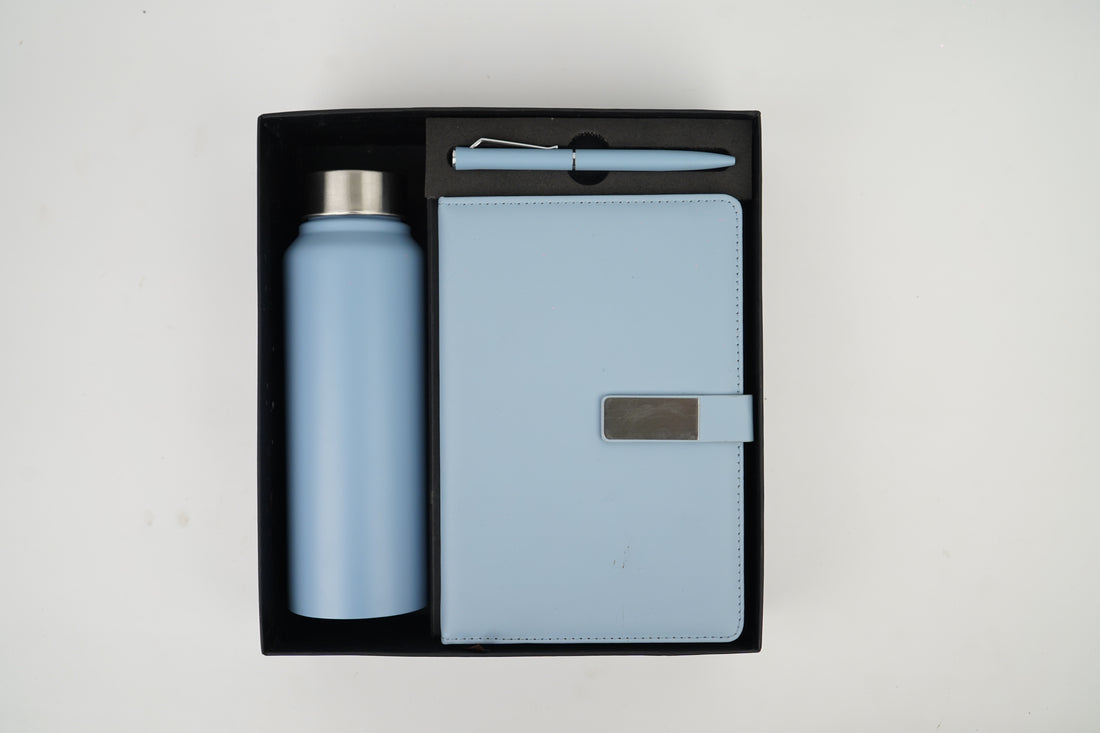 Metal Flip Diary+ Classic Metal Pen+ Classic Stainless Steel Bottle -Blue