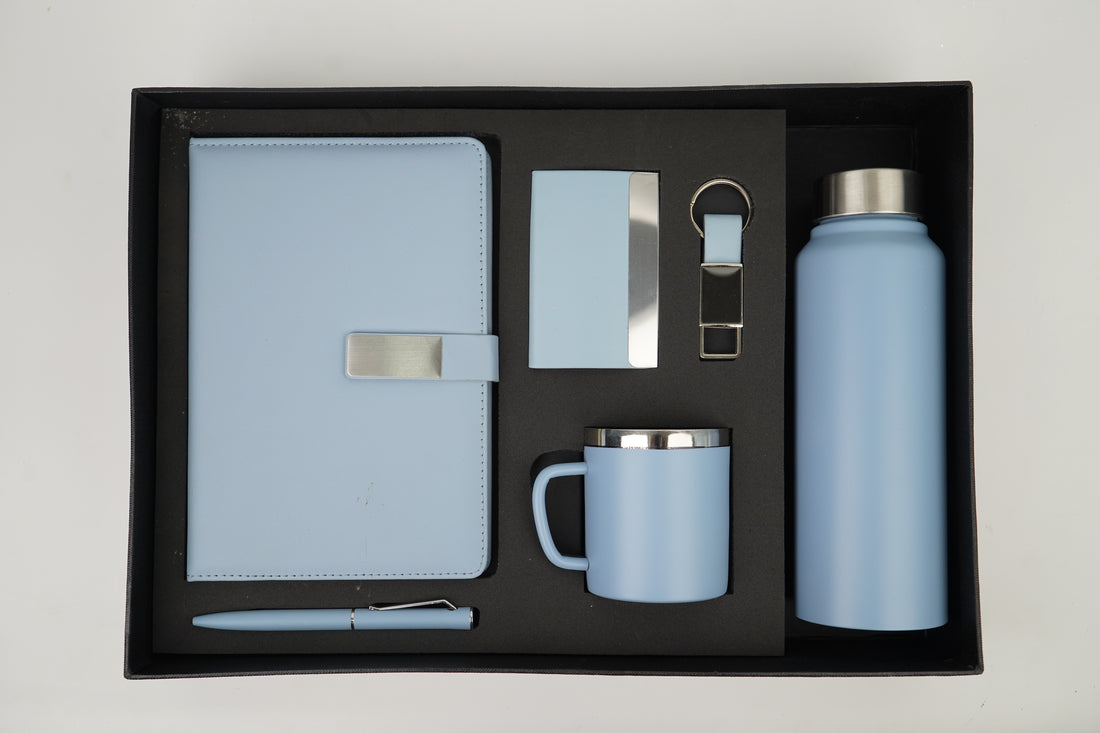Classy Metal Flip Diary + Classic Metal Pen + Classy Leather Metal Keychain + Classy Card Holder + Classic Smart Bottle  + Stainless Steel Mug - BLUE