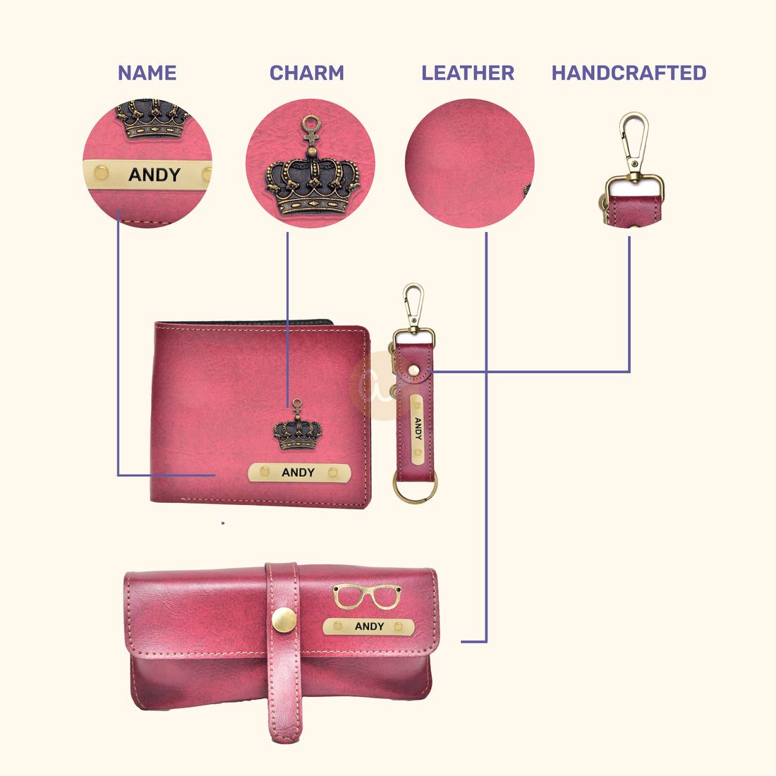 Get ready to make a statement with our customized leather men's combo. This high-quality combo is perfect for anyone looking for a functional and stylish accessory, and can be personalized with your choice of initials, monogram, or design.
