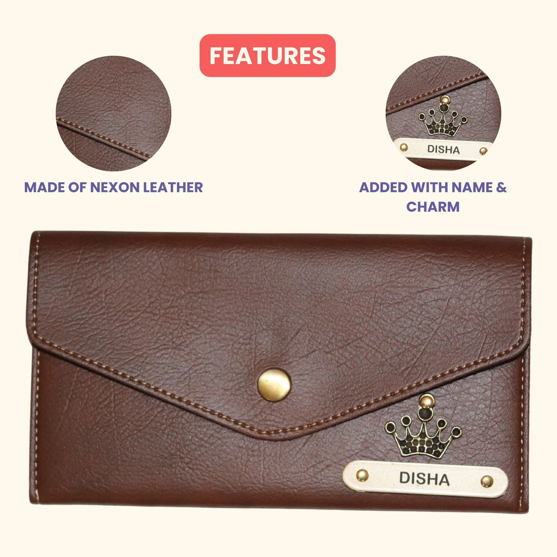 Nexon Leather Personalized Minimal Clutch With Charm - Tan
