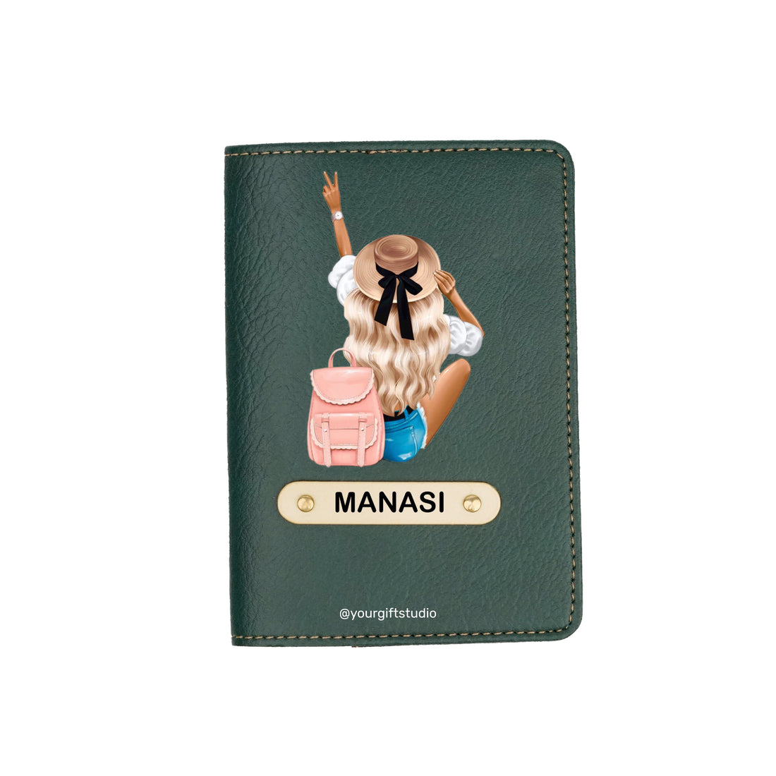 Travel Girl Print Personalised Nexon Passport Cover - Olive Green