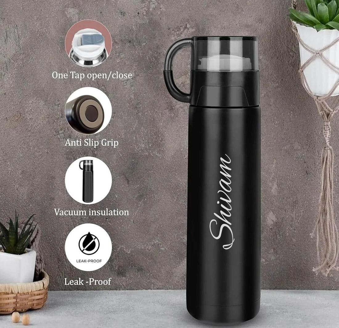 Personalized Stainless Steel Hot & Cold Flask Bottle With Cup 500 ml - Black