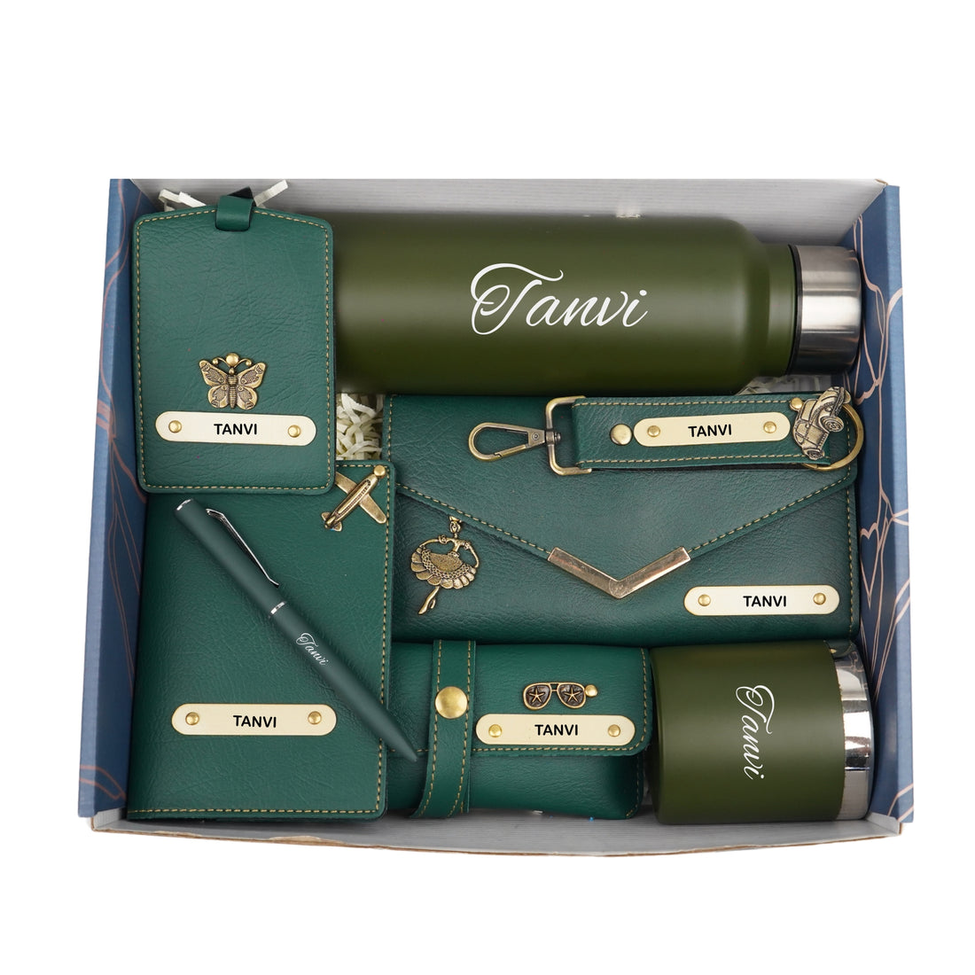 Customized Women Gift with Name & Charm, Leather Lady Wallett, Passport Cover, Water Bottle, Keychain, Customised Pen - Green