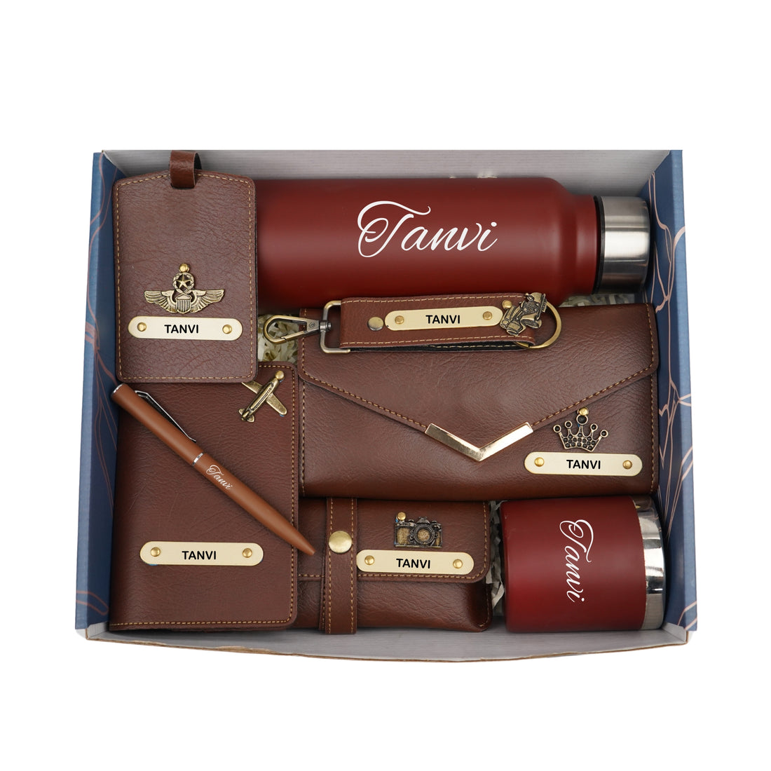 Customized Women Gift with Name & Charm, Leather Lady Wallett, Passport Cover, Water Bottle, Keychain, Customised Pen - Brown