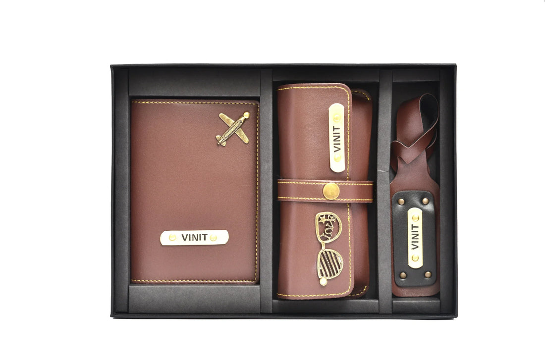 Presenting our premium quality personalized frequent traveller combo that will prove worthy to be your perfect travel buddy. Add your name and charm to this stunning combo and make it special. Available in a variety of colours, this combo comes with a Personalized Leather Passport Cover, Eyewear case and a luggage tag Its sleek feel and striking design definitely make this combo a “must-have” item on the list of avid travellers. Get yours delivered to your doorstep now!