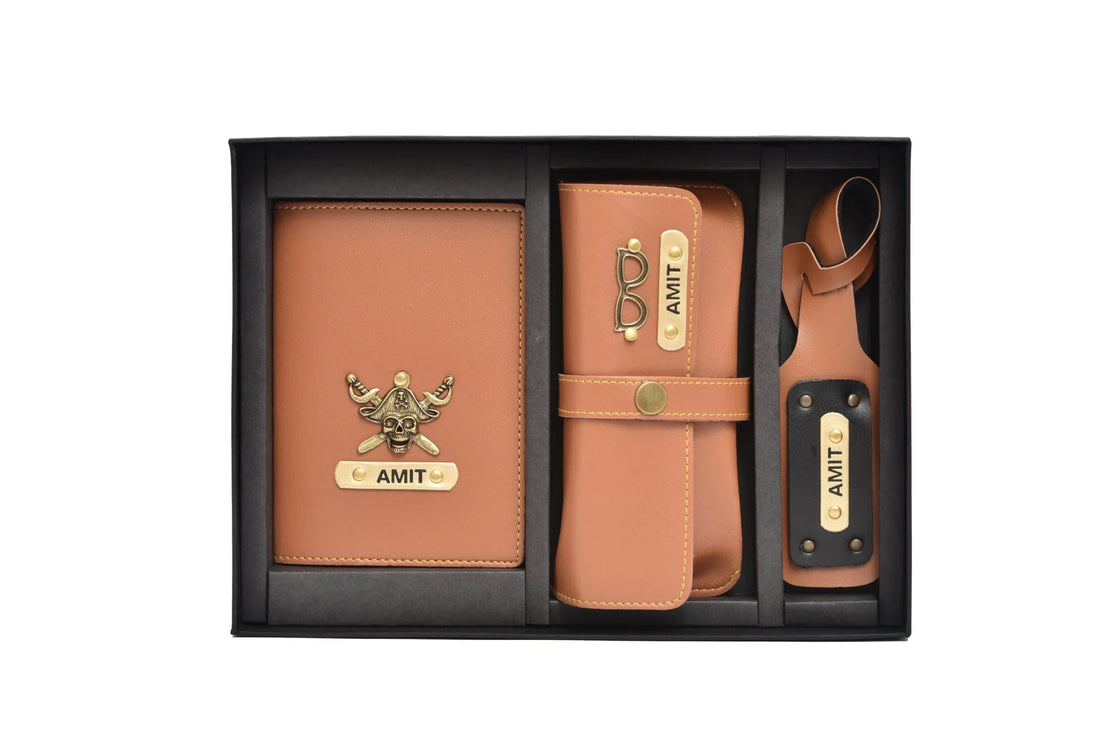 Presenting our premium quality personalized frequent traveller combo that will prove worthy to be your perfect travel buddy. Add your name and charm to this stunning combo and make it special. Available in a variety of colours, this combo comes with a Personalized Leather Passport Cover, Eyewear case and a luggage tag Its sleek feel and striking design definitely make this combo a “must-have” item on the list of avid travellers. Get yours delivered to your doorstep now!