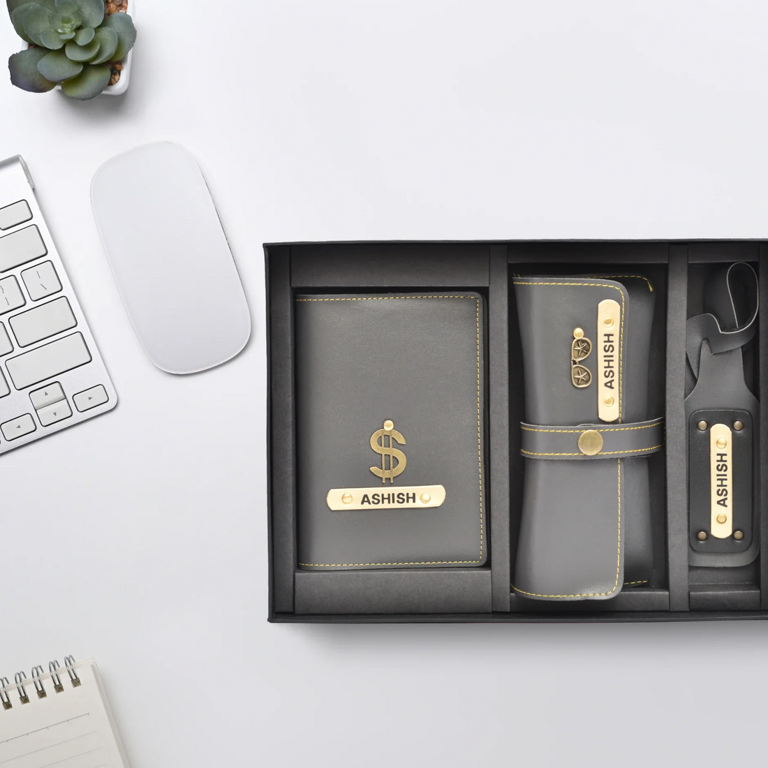 Personalized Frequent Traveller Combo (3 pcs) - Grey.This frequent travellers' combo combo consists of a personalized faux leather Passport & Card Holder, a customized passport cover, a customized Eyewear case, and a customized luggage tag proving its value for money!