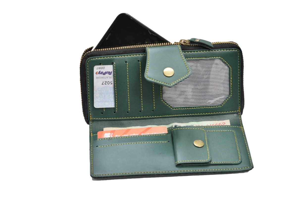 inside or open view of zip around lady wallet-olive green
