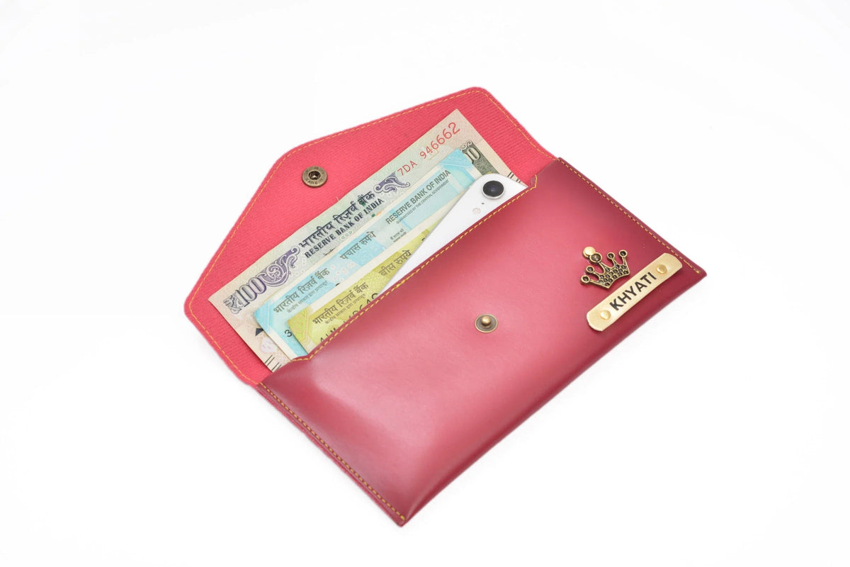 inside or open view of custom-made minimal clutch- wine