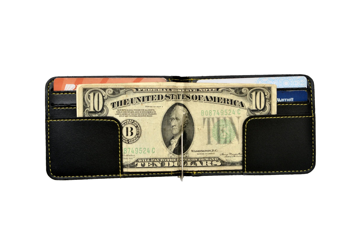 personalized-money-clip-faux-leather-black-customized-best-gift-for-boyfriend-girlfriend. inside or open view of Personalized Vegan Leather Money Clip - black
