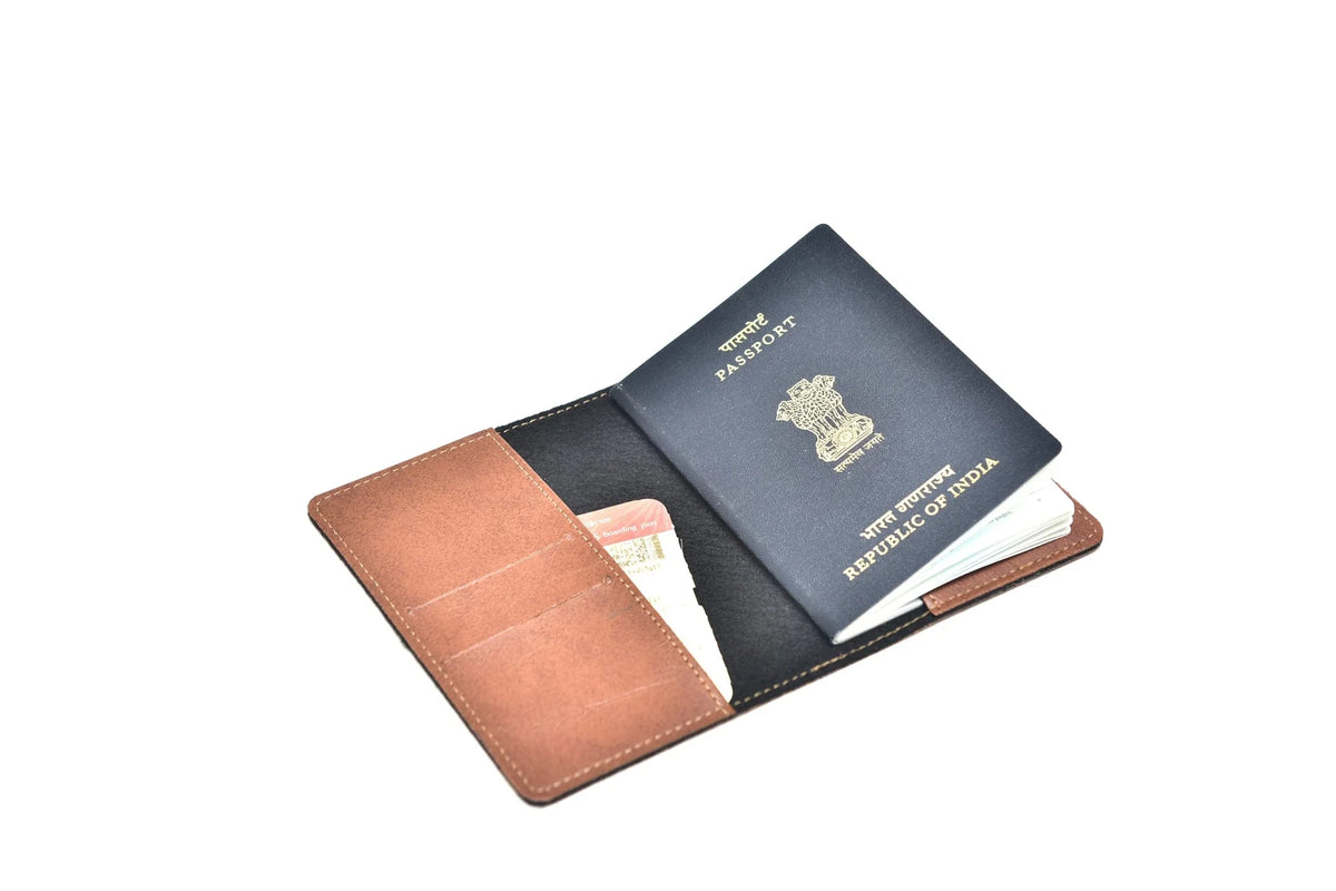 Inside or open view of brown passport case