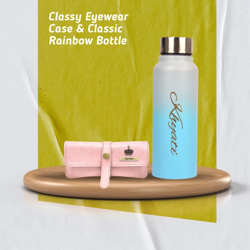 personalized perfect classy leather eyewear case and water bottle